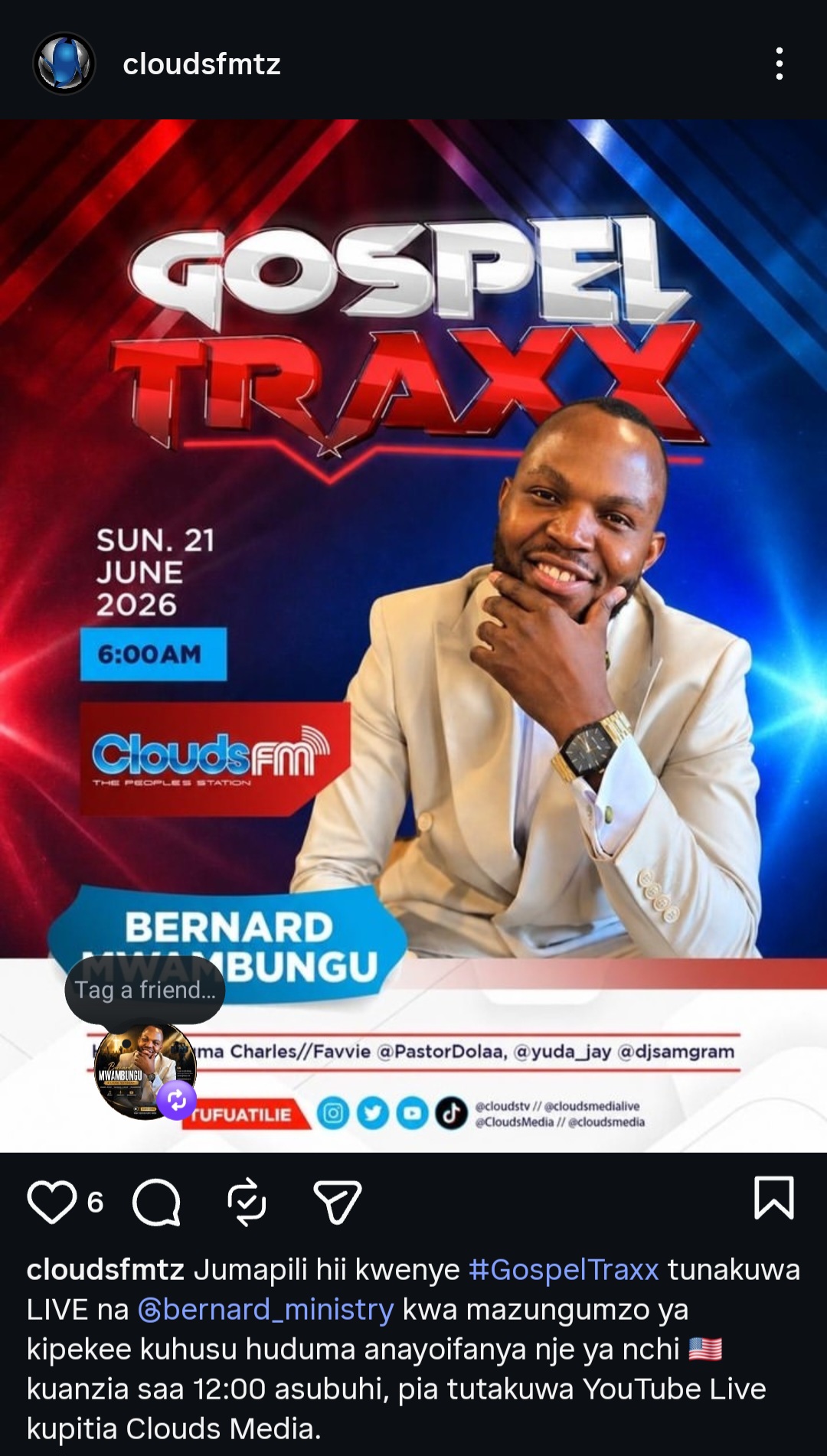 Promotional poster for Bernard Mwambungu's interview with CLOUDS Media.